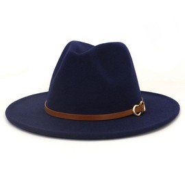 CCAKXCJJ Fedora Sombreros para hombres y mujeres Sombrero de Jazz de fieltro Sombrero de Panamá de ala ancha con hebilla de cinturón, Azul marino, Talla única