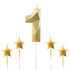 Golden Number 1 2.76 inch 3D Diamond Shaped Birthday Candles - Suitable for Birthday Parties and Anniversary Cake Decorations