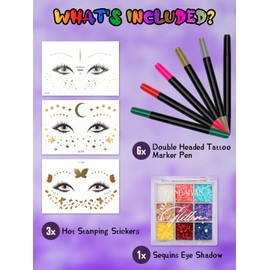 EBANKU 6PCS Temporary Tattoo Pens, Body Tattoo Markers for Skin Dual Tip Tattoo Pen for Thick and Thin Lines With 3 Face Temporary Tattoo Stickers and 1 Face Glitter for Girls