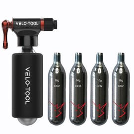 Velo-Tool™ CO2 Inflator Bike Pump–Premium Black/Silver, Quick & Lightweight + 5 x 16g CO2 Canister/Cartridges With Foam Grip-Presta & Schrader Valve Compatible-Mountain, Road & BMX Bikes