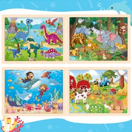 Puzzles for Kids Ages 4-6, 4 Packs Wooden Animals Jigsaw Puzzles for Toddlers Ages 3-5, Preschool Educational Puzzles Boards Toys Gifts for 3 4 5 6 Boys Girls