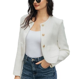 URBAN REVIVO Tweed Casual Blazer Jacket for Women Cropped Crew Open Front Gold Button Blazer Office White, X-Large