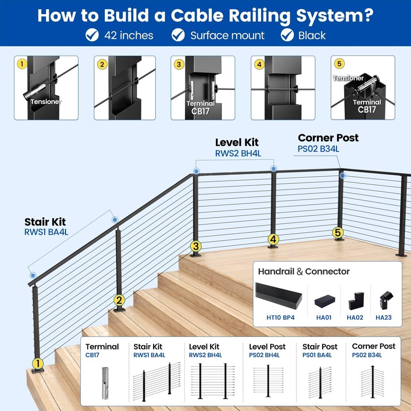 Muzata Black Corner Cable Railing Post 42 Inch 42"x2"x2" T-drilled
