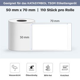 SUPVAN SUPVAN KATASYMBOL T50M Pro Etikettenband Papier, Wasserfeste Etikettenfür Heim, Schule, Büro, 50 mm x 70mm, 110 Etiketten/Rolle(Weiß)