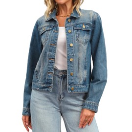 CIMUK Womens Jean Jacket Casual Long Sleeve Washed Button Up Denim Jackets Large Blue