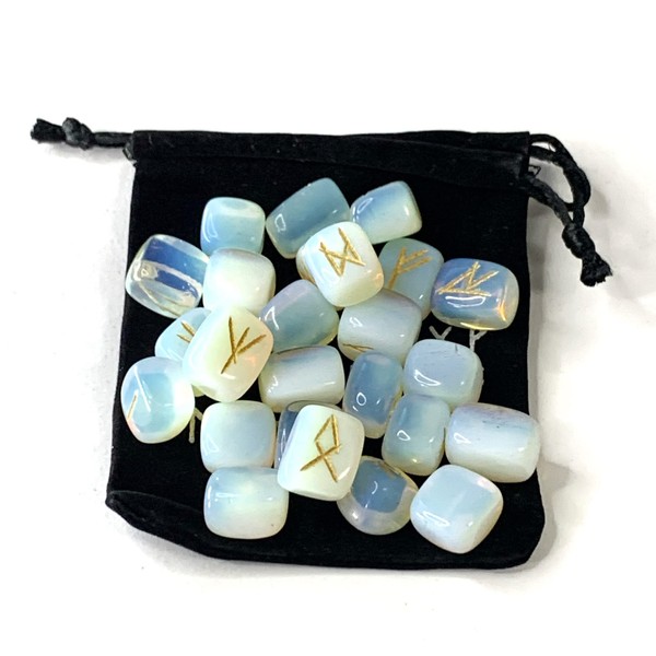Set of 25 Obsidian Opal (Opalite) Carved Runes with Pouch for Rune Divination, Japanese Instruction Manual Included