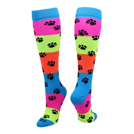 TCK Neon Rainbow Fun Print OTC Socks (Paw Print, Medium)