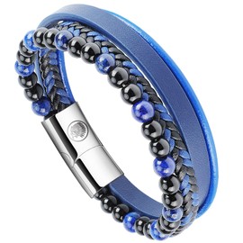 Casisto.J Men's Leather Bracelet Braided Beads Stainless Steel Brown Black Blue with Magnetic Clasp Jewellery in Gift Box