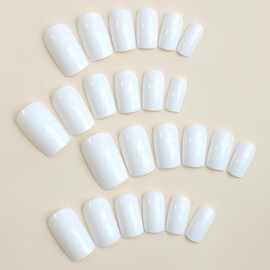 White Press on Nails Short Medium Square Fake Nails Solid Color False Nails Full Cover Acrylic Nails Press ons, Glossy Glue on Nails Stick on Nails Short Artificial for Women Girls Manicure Kit 24 Pcs