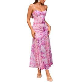 Parthea Women's Casual Sleeveless Dress Flowy Ruffle Backless Maxi Dresses Pink Tie Dye Loose Long Dress