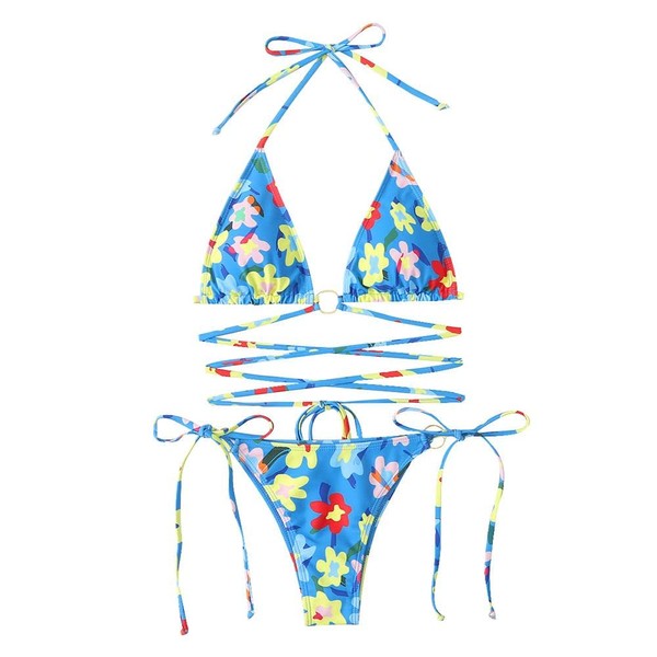 MOXILYN Conjunto de bikini sexy con estampado floral de corte alto, lindo traje de baño de 2 piezas con aros, Azul / Patchwork, L
