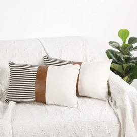 Merrycolor Set of 2 Farmhouse Decor Cushion Covers 30x50 cm, Tan Faux Leather Patchwork Striped Textured Pillow Covers 12x20 inch Cotton Linen Throw Pillow Cases for Living Room Bedroom Black