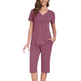 Anyally Women's Pajama Set Plus Size Short Sleeve Top and Capri Pants 2 Piece Lounge Sets Summer Ladies Pjs Sets with Pockets, XL Mauve