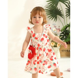 18-24 Months Girl Clothes Baby Girls Dress Infant Summer Outfits Toddler Casual Ruffle Sleeve Strawberry Red Sundress with Cute Red Bag