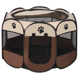 Foldable Pet Playpen with Storage Bag - Heavy-Duty Dog Playpen with Cover, Escape-Proof Kitten Cage & Portable Puppy Pen for Indoor/Outdoor Use (S,Brown)