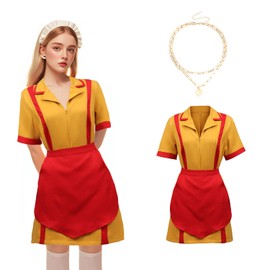 2 Broke Girls Costume, Carnival Dress Caroline and Max Costume Fancy Dress Costumes Women's Waitress Costume with Apron Necklaces for Women Carnival Cosplay Theme Party (XL)