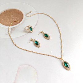 Crystal Necklace Earrings Sets Vintage 4Pcs Rhinestone Teardrop Ring Jewelry Sets for Women (Green)