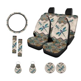 Xoenoiee Boho Mandala and Dragonfly Print Car Seat Covers and Accessories, Front Rear Seat Covers, Steering Wheel Cover, Seat Belt Pads, Coasters, Keychains for Car SUV Decor, 11 PCS Set