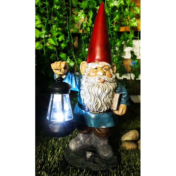 Ebros Gift Whimsical Enchanter Gnome Holding Book of Spells Statue 17.25" H Solar Path LED Light Garden Greeter Figurine Home Decorative Patio Figurine Courtesy Light