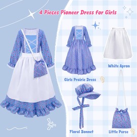 MELAND Victorian Costume Girl, World Book Day Maid Costume for Girls with Apron, Fancy Dress up for Girls Age 3-12 Year Old (Blue)