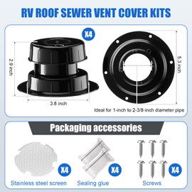 Colingmill 4 Set Rv Roof Sewer Vent Cover Kits with Screen Putty Tape and Screws, Rv Plumbing Camper Vent Caps for Trailer Motorhome Cap Replacement for 1 to 2 3/8" Pipe(Black)