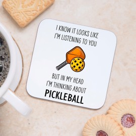 Thinking About Pickleball Wooden Drinks Coaster Mat Gift