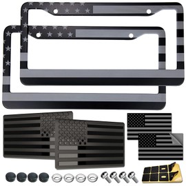American Flag License Plate Frames - 2 Pack Black Stainless Steel Patriotic USA Car Tag Frame with UV-Printed Flag & 3D Metal Decals