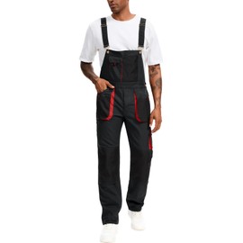 WORK IDEA Work Bib Overall for Men Workwear Casual Dungarees Jumpsuit with Big Cargo Pockets,Black/Red, 42Wx32L