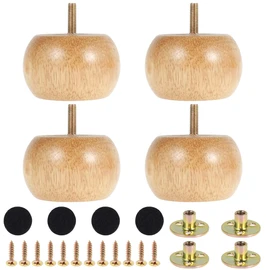 Wooden Furniture Legs Set of 4, 8 X 5cm Solid Round Bun Feet with 4 Screws DIY Chair Legs Table Feet Replacement Set for Sofa Cabinet Chair Couch Ottoman Coffee Table