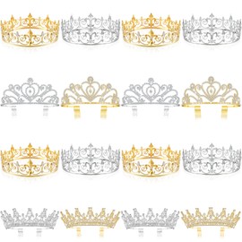 Sasylvia King and Queen Crown Set for Men Women, Metal Rhinestone Crowns for Prince Princess Prom Party, Silver Gold(16 Pcs)
