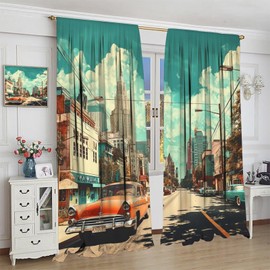Antique Car Curtains Vintage Old Classic Car Cityscape Decor Rod Pocket Window Curtain Thermal Insulated Drapes for Bedroom Living Room Kitchen Cafe 42" W X 45" L