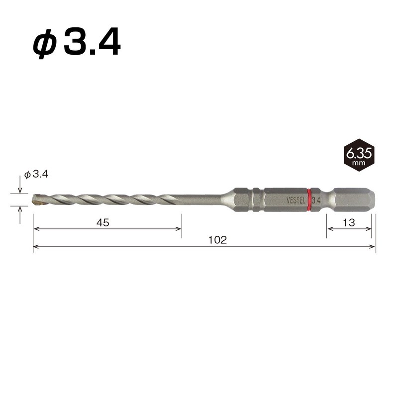VESSEL ACD-3S-3.4 Concrete Drill Bit Set, Cushion Drill 0.13 inches