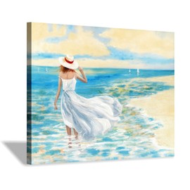Hardy Gallery Abstract Beach Painting Wall Art: Hand Painted Textured Women Standing Blue Seascape Picture Artwork for Bed Room (24” x 18” x 1 Panel)