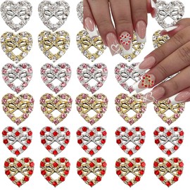 30Pcs Alloy Heart Nail Charms for Acrylic Nails Valentines Nail Charms Gold Silver Bows Rhinestones Charms Diamond Heart Gems Bling Nails Charms for Women Valentine's Day Manicure