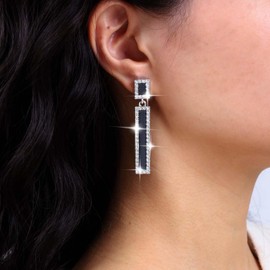 TseenYi Crystal Rectangle Geometric Earrings Black Rectangle Rhinestone Earrings Long Black Bar Drop Earrings Gold CZ Dangle Earrings Bridal Vintage Wedding Earrings Jewellery for Women, Crystal