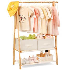 Relquorax Kids Clothing Rack for Hanging Clothes, Small Toddler Clothes Racks Bamboo Wooden Garment Dress Up Storage Costume Rack with 2 Shelves and 2 Storage Baskets, for Laundry Drying (Natural)