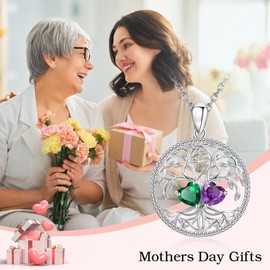Tree of Life Necklaces for Women,925 Sterling Silver February May Heart Birthstone Amethyst Emerald Necklace Valentine's Birthday Anniversary Christmas Mothers Jewelry Gifts for Wife Mom Grandma
