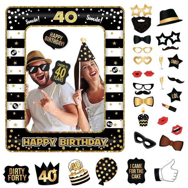 40th Birthday Decoration Men Women, Black Gold 40th Birthday Inflatable Picture Frame & 33 Pieces Photo Props Party Photo Booth Props Photo Box Accessories Gifts for 40th Birthday Party Accessories