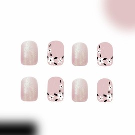 Flowers Press on Nails Short Square Fake Nails Chrome Glitter Acrylic Nails French Tip False Nails Press ons Glossy Glue on Nails Cute Artificial Nails for Women Girls Manicure 24Pcs