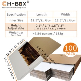 CH-BOX 100 Pack Vinyl Record Shipping Mailing Box Mailers for 12-inch Lp Album, 12.5" x 12.5" x 2", Height Adjustable Cardboard, White (EM1212-100)