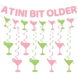 A Tini Bit Older Martini Party Decorations, Tiny Bit Older Fun Pink & Green Birthday Banner for Women with Hanging Swirls, Cocktail Themed Party Decor Supplies
