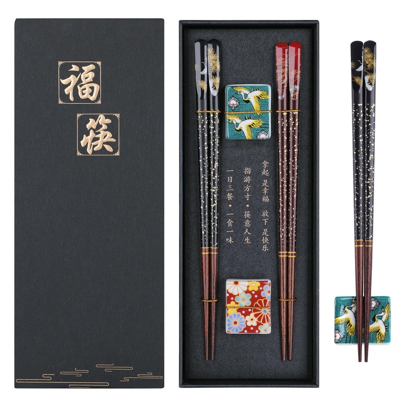 Antner 2 Pairs Reusable Wooden Chopsticks with 2PCS Ceramic Rests
