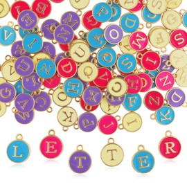 Demearly 104 PCS Enamel Alphabet Initial Charms A-Z Double-Sided Flat Round Letter Charms for Jewelry Making, Bag, Bracelet, Keychain, DIY Gifts, Crafts (Hot Pink, Purple, Blue, Champagne)