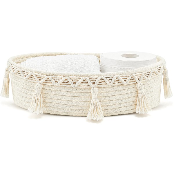 Mkono Small Boho Decor Basket for Bathroom Macrame Cotton Rope Woven Toilet Tank Top Storage Back of Toilet Organizer Tray for Counter Shelf Table Bedroom Living Room Nursery, Ivory, 1 Pack