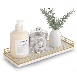 Bathroom Tray for Counter Top Organizer – Oak Wood Vanity Tray with Metal Frame for Dresser, Kitchen, Nightstand – Gold & White Decorative Storage