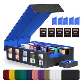 Trading Card Storage Box with Commander Display , 5-Row Deck Case with Removable Lid; 3900+ Card Deck Box for MTG TCG Sports Card, 5 Toploaders, 5 Stoppers, 48 Dividers,1 Dice Tray (Black Blue)