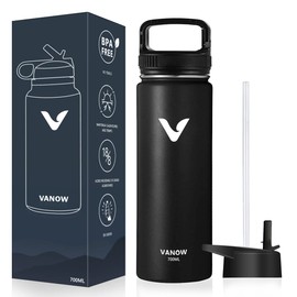 E T EASYTAO | Termo de Acero Inoxidable,Termo de Agua con 2 Tapas, para Agua Fría (24 horas) o Caliente (12 horas), Doble Pared y Tapa Hermética Antigoteo, con Asa para Transportar (Negro, 700ml/24Oz)