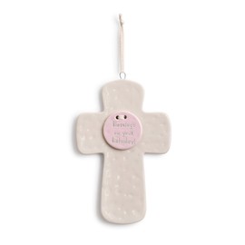 Blessings On Birthday Cross Medallion Pink 8 x 5 Ceramic Stoneware Baby Keepsake