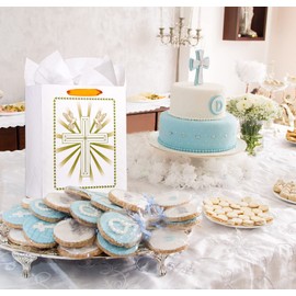 FaCraft 13" First Communion Gift Bag for Boys Girls-Large Religious Confirmation Baptism Gift Bag with Tissue Paper Christenings Wedding Bags,Cross Wrapping Paper Gifts Bags for Kids