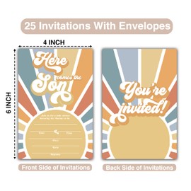 TIOFUNO 25 Retro Sunshine Baby Shower Invitations (4x6 inches), Here Comes The Son Baby Shower Double-Sided Invites, Baby Shower Party Decorations Supplies (YQKB43)